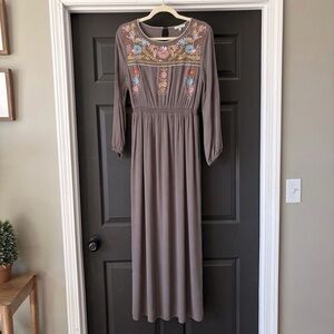 JODIFL Brown Maxi Dress with Multicolor Floral Embroidery